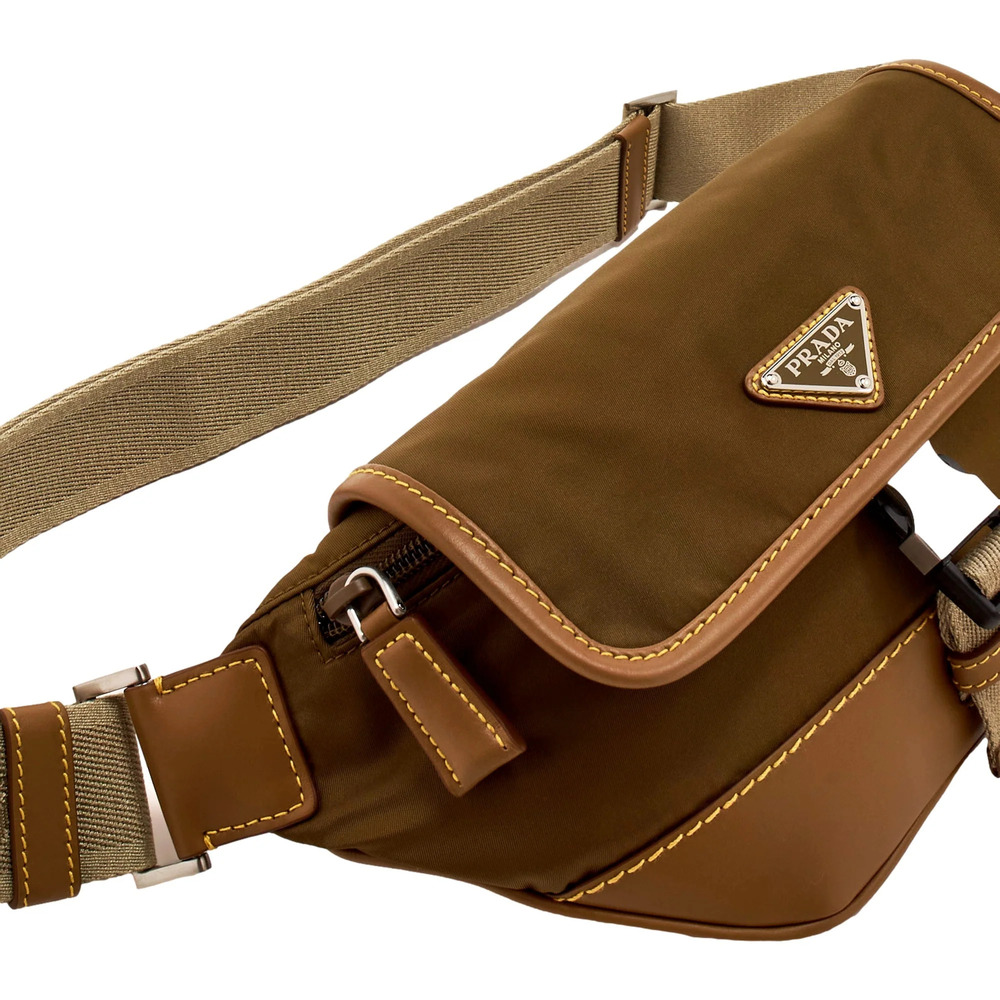 Prada Brown Nylon Leather Trim Belt Waist